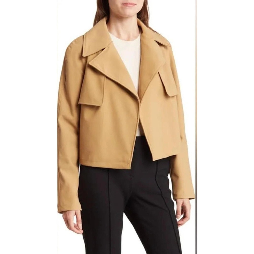 Womens Bagatelle Tan Cropped Trench Open Front Jacket Tech Fabric Large NWOT